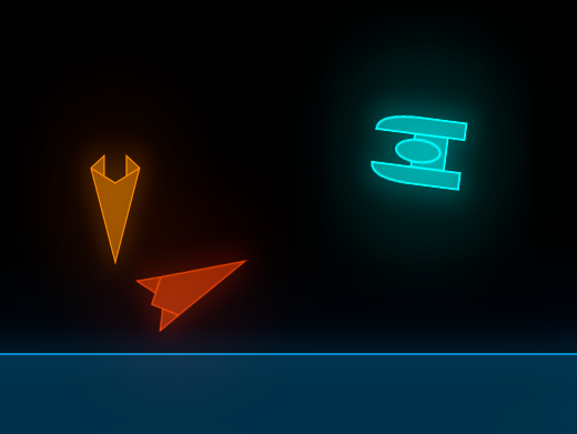 A snippet of the in-progress game Polymorph, in the style of a vector graphics game. There are ships with strong glowing outlines and dull fill colors, with two triangle-like ones that are yellow and scarlet chasing a blue ship.